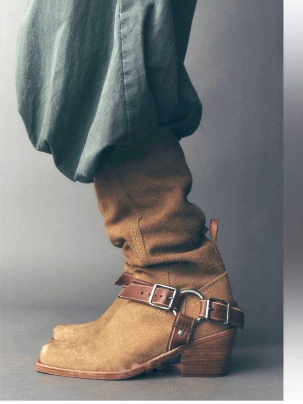 Free People Tan Suede Mid-Calf Western Boots with Brown Strap
